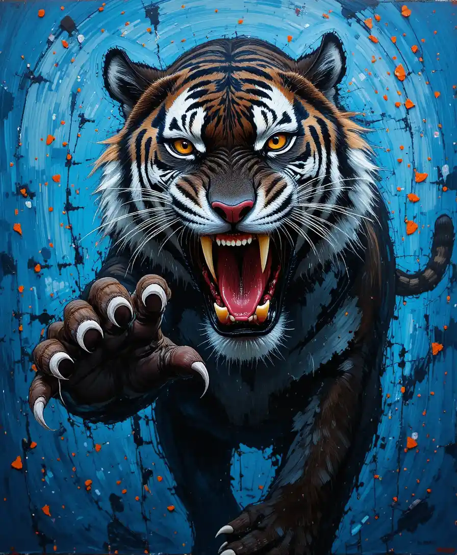 Tigre noir féroce bondissant dans une peinture en impasto éclatante