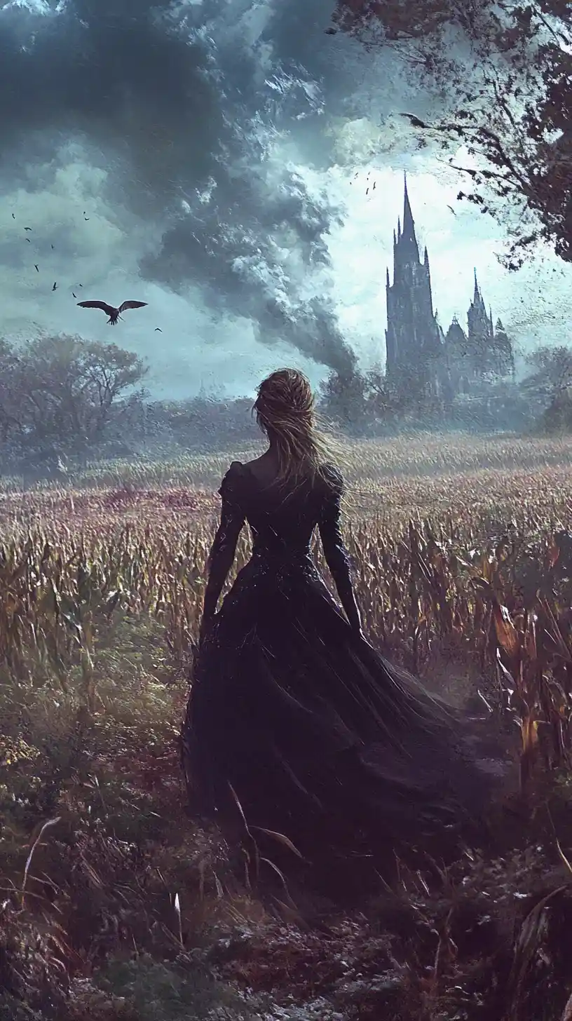 Gothic woman standing in a vast overgrown cornfield