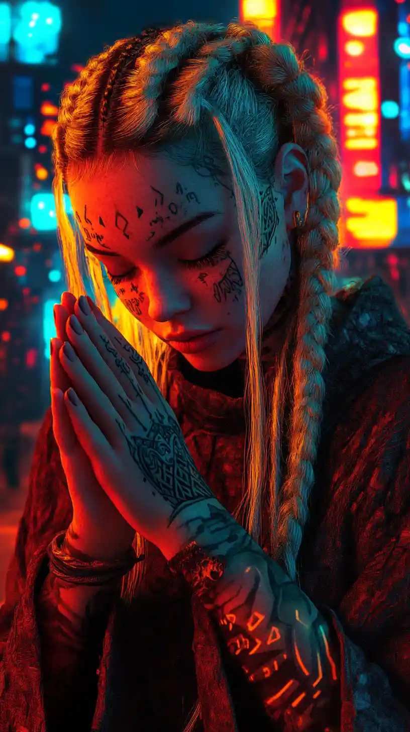 有刺青的女子在黑暗賽博龐克城市中祈禱