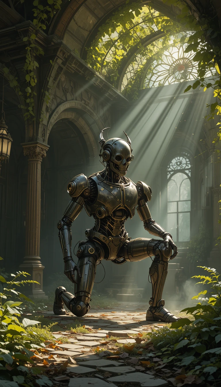 Antiguo robot steampunk descansando en un templo de la jungla