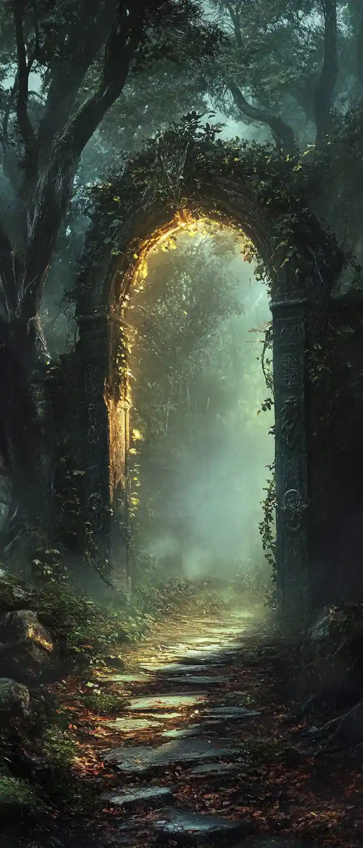 Ancient stone forest path leading to a glowing archway