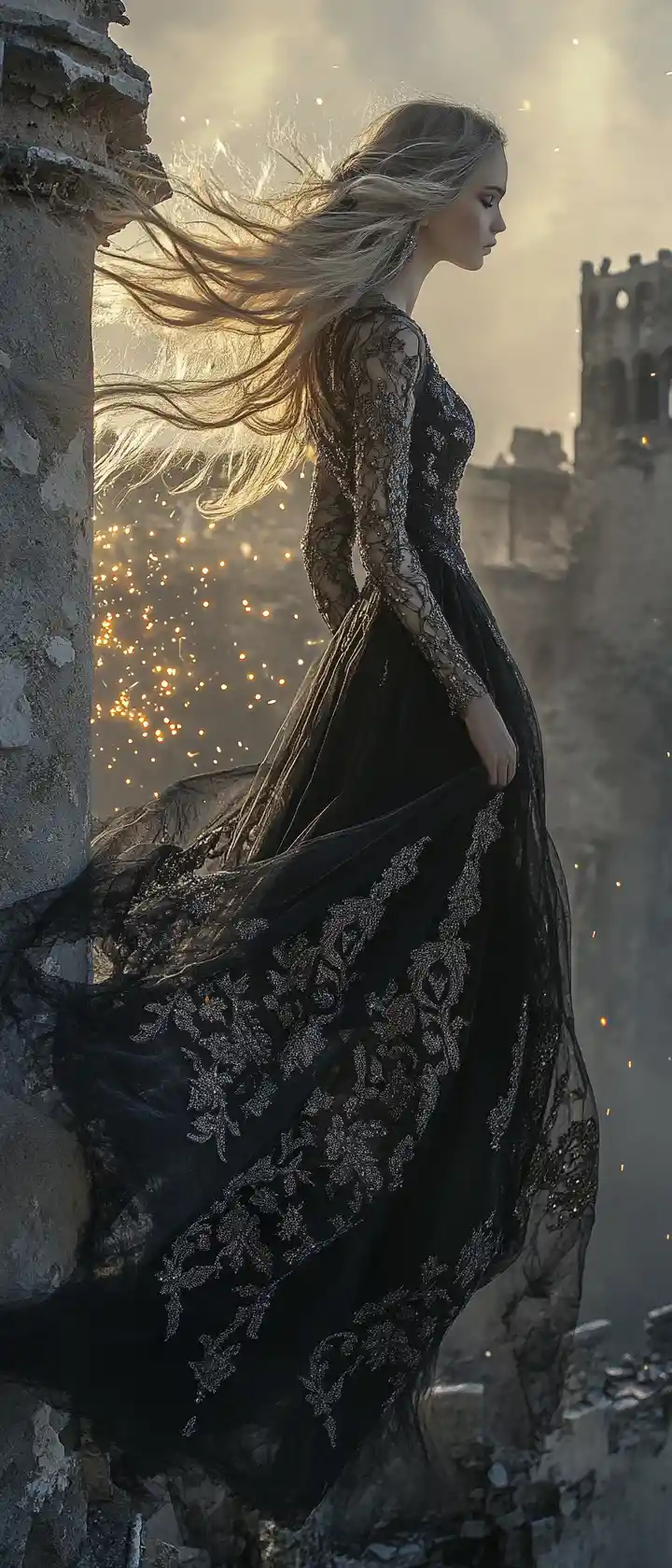 Young woman on crumbling stone tower at golden sunset