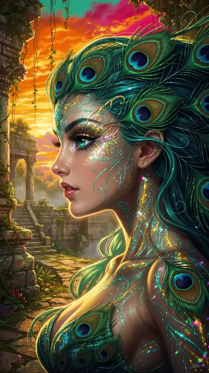 Surreal woman fused with peacock feathers at sunset