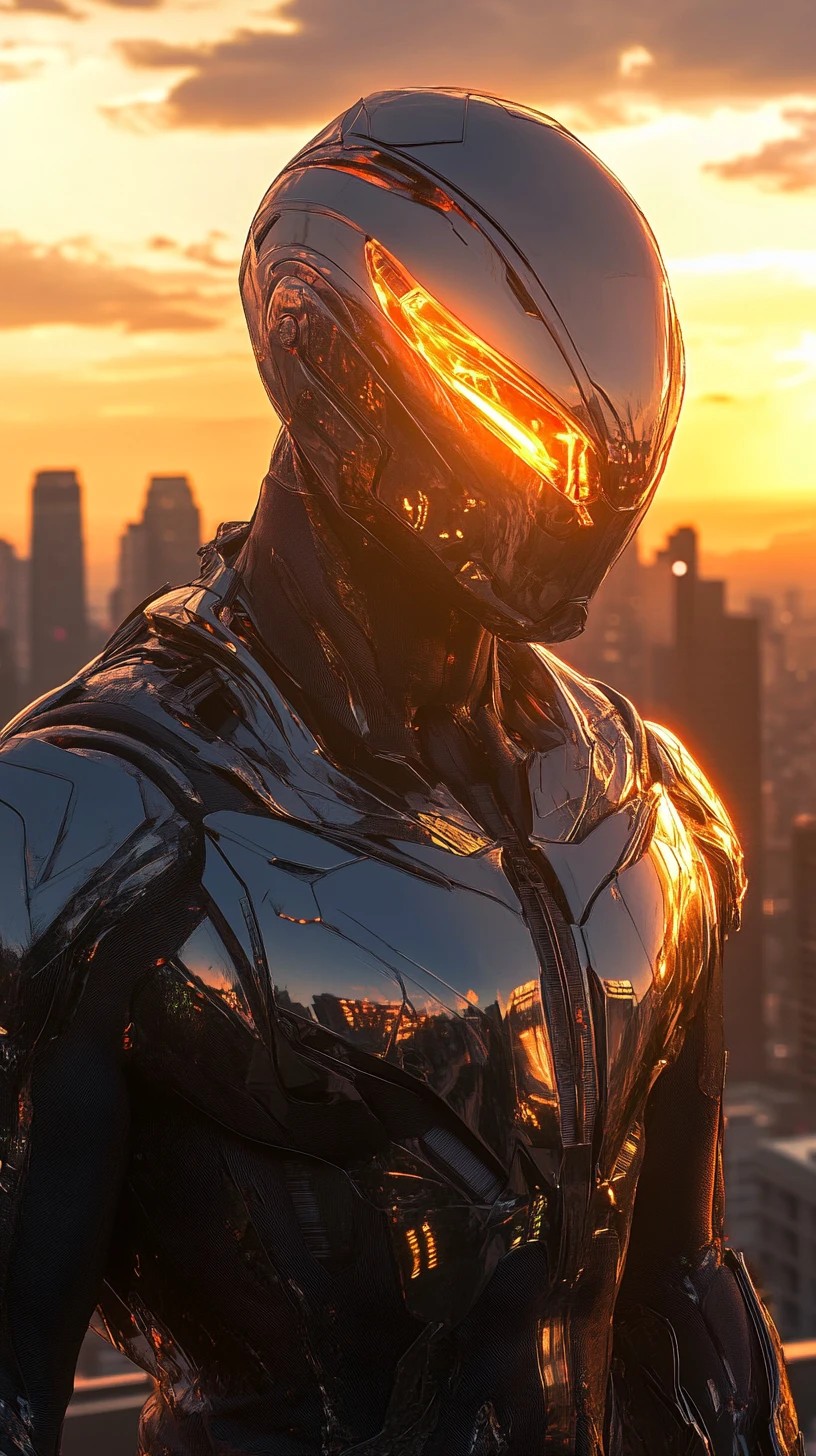 Super-herói futurista em traje metálico sobre paisagem urbana brilhante