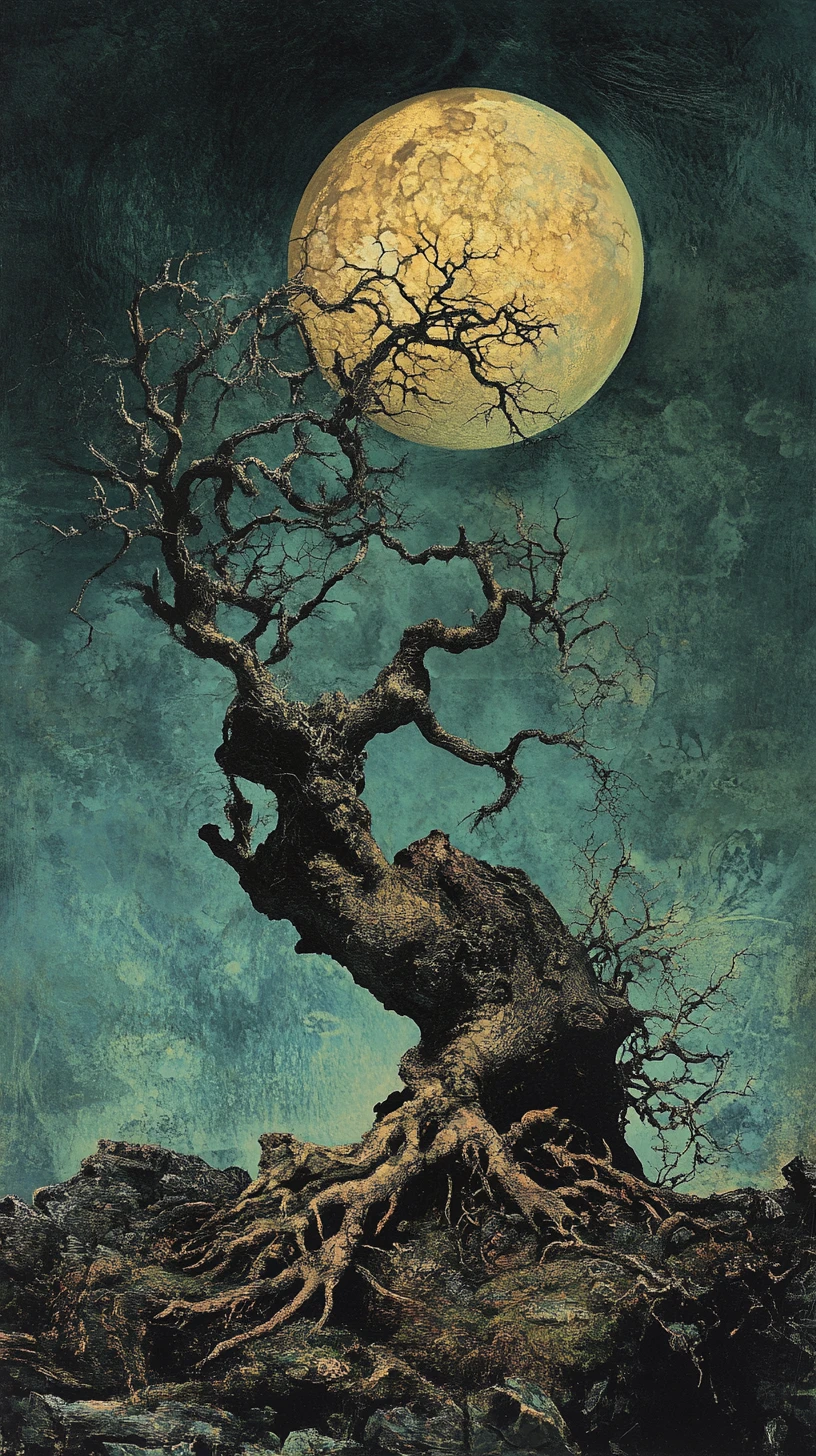 Collage surréaliste de formes biomorphiques dans une forêt au clair de lune