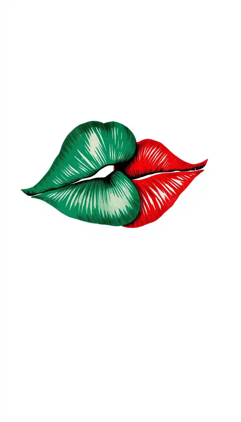 Vintage illustration of intersecting green and red kisses