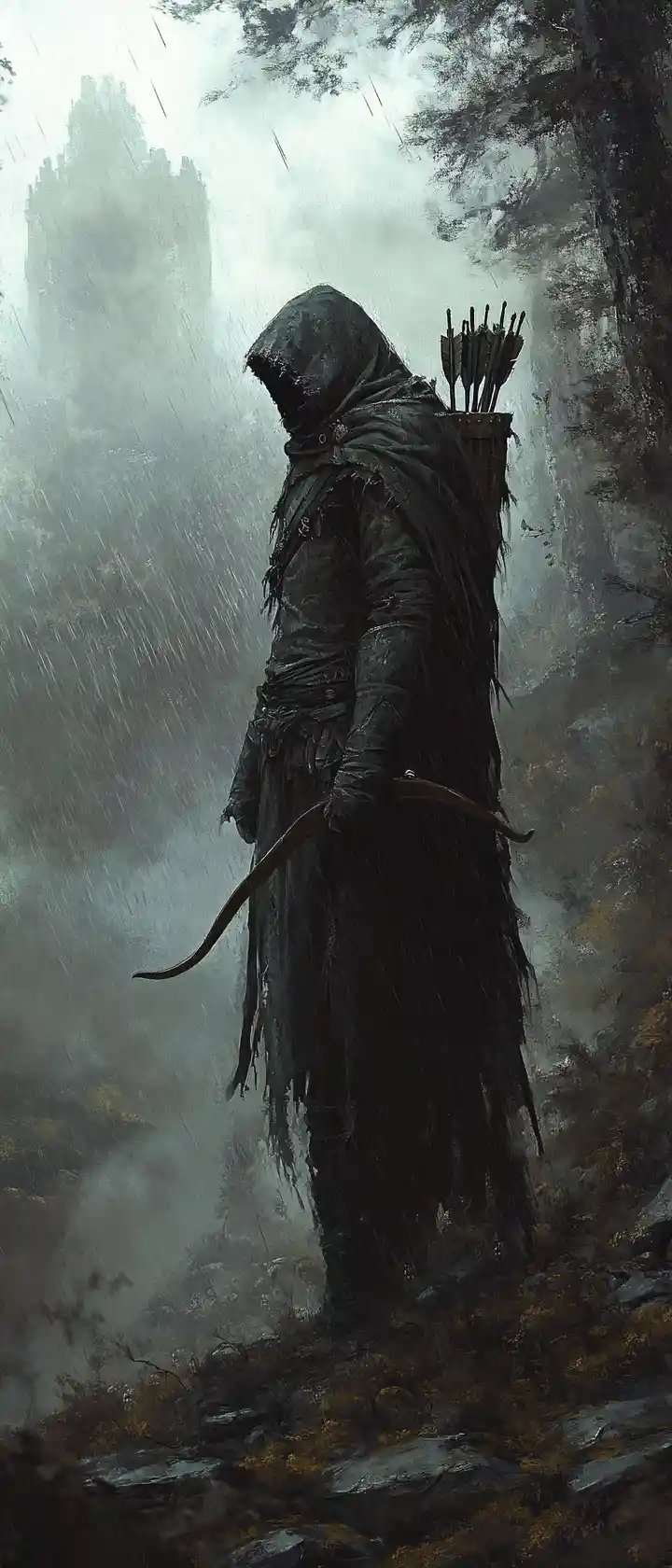 Archer solitaire au bord d’une forêt ancienne trempée de pluie