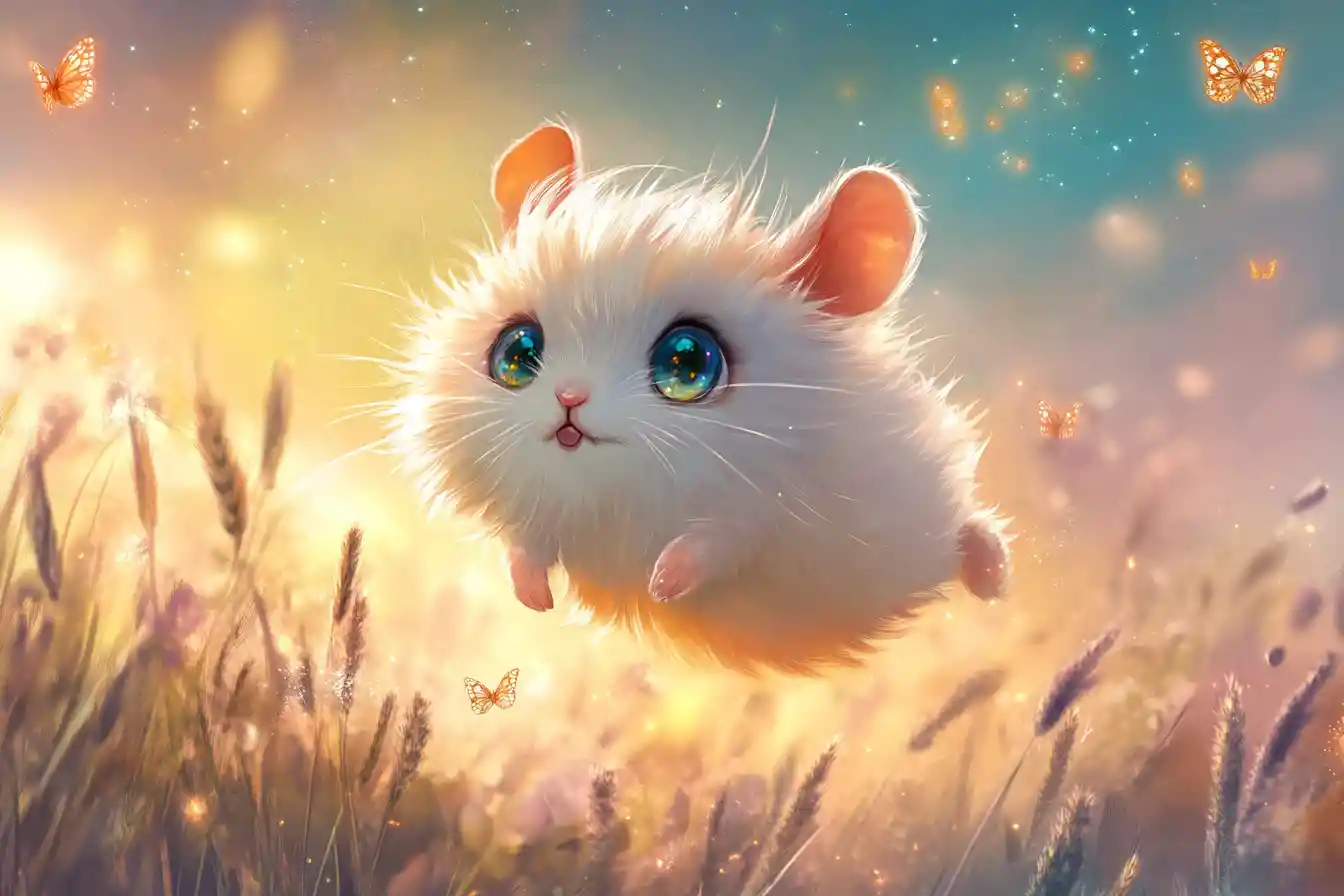 Rato fofo de fantasia saltando pelo prado de sonho brilhante