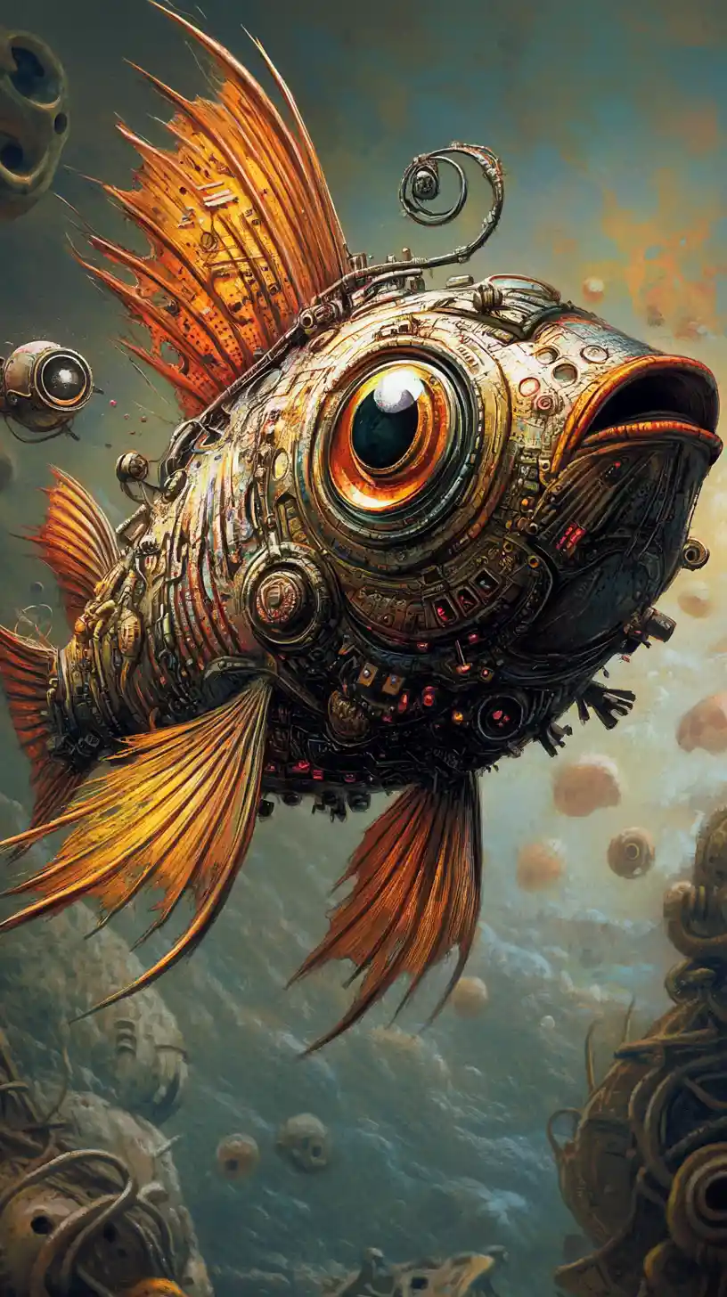 Pesce cibernetico distopico che emerge da un orizzonte surreale