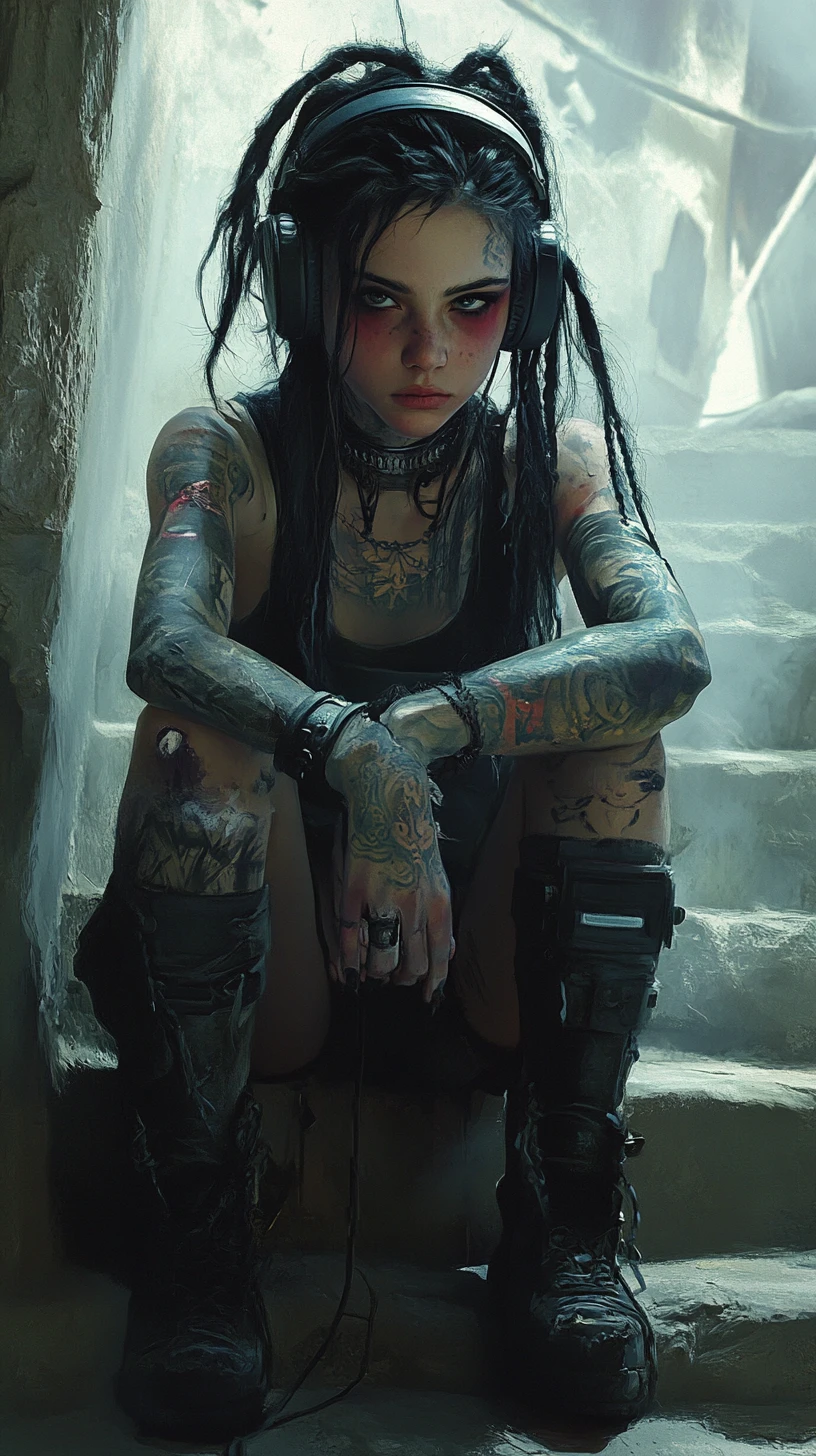 Ragazza tatuata con dreadlock su scalini di pietra avvolti nella nebbia