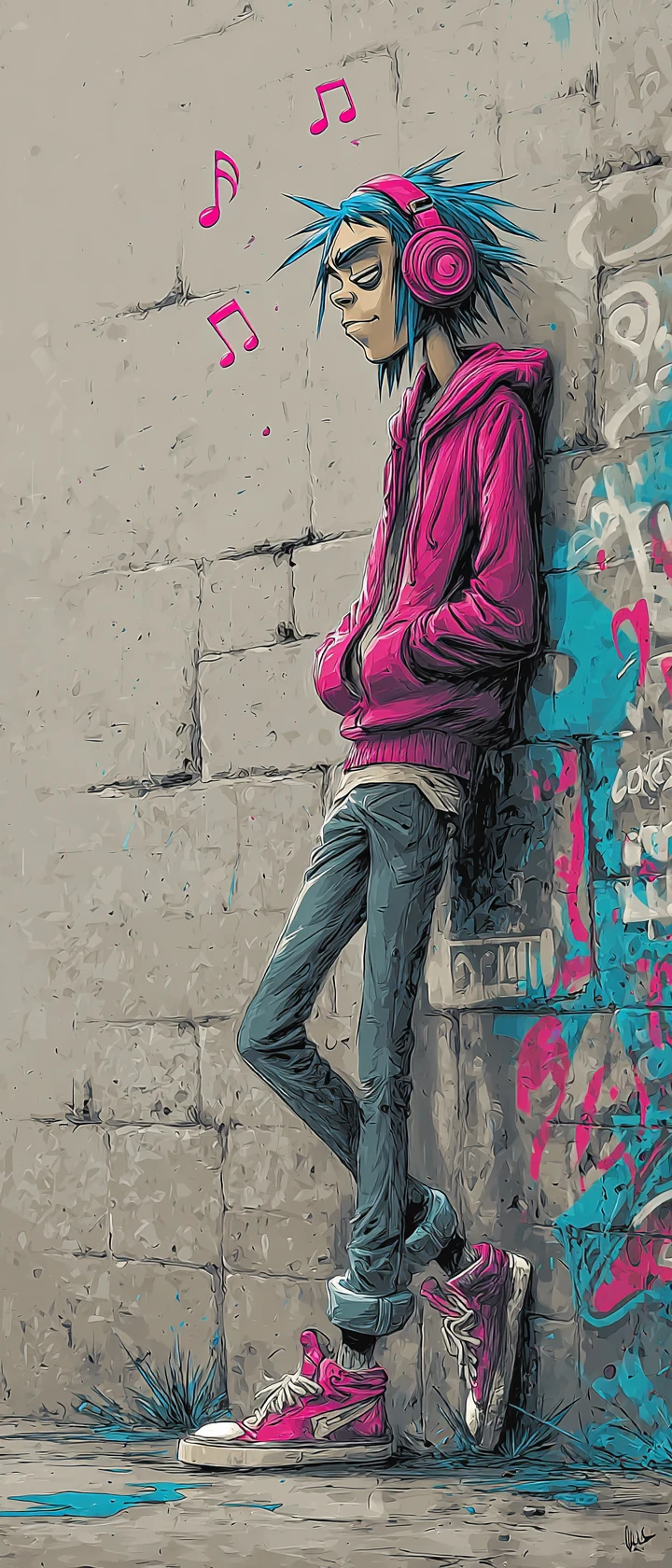Vocalista virtual de cabelo azul encostado em um muro com grafite