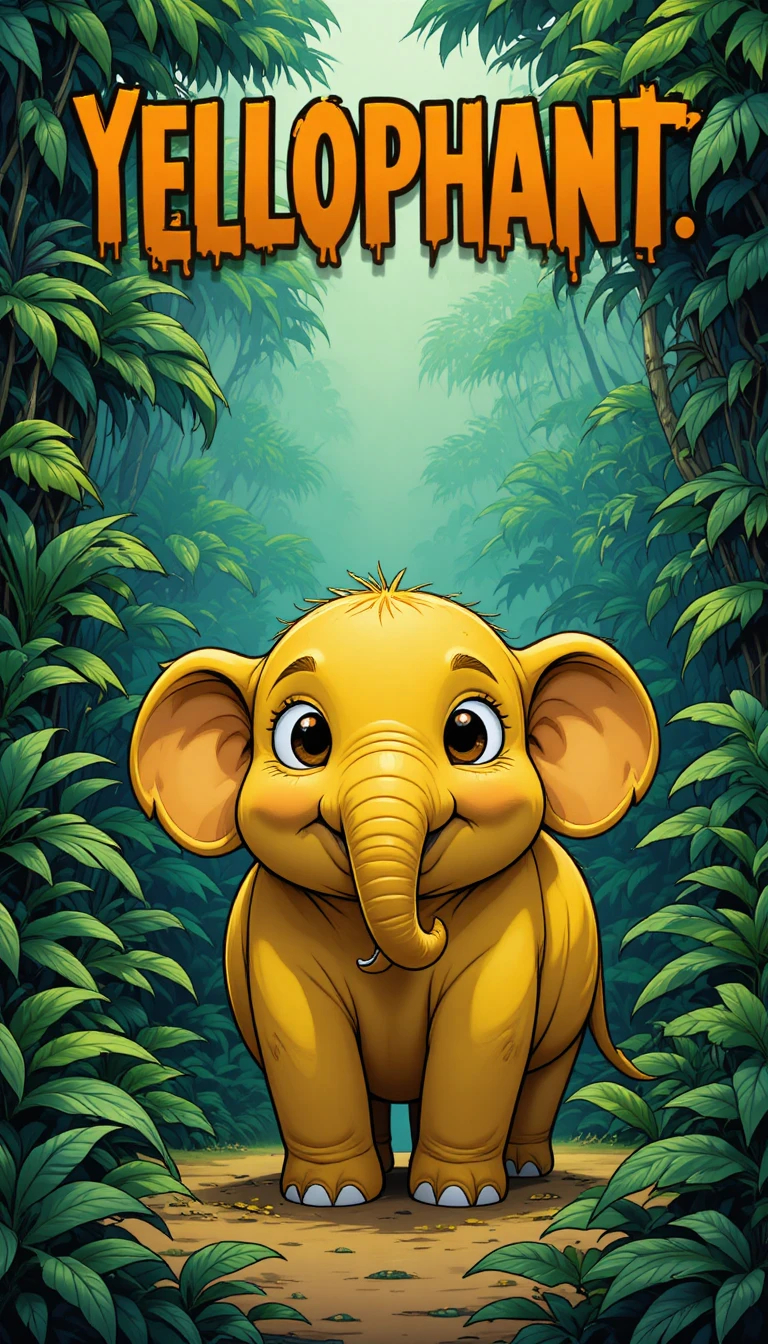 Fofo elefante amarelo de desenho animado em uma selva verdejante
