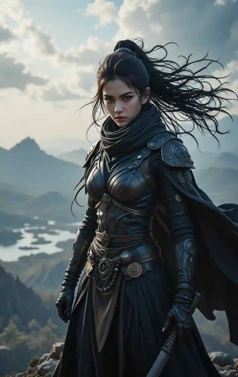 Senhora de guerra ninja em um pico de montanha varrido pelo vento