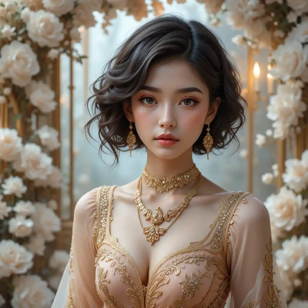 Young woman in ornate peach gown among soft flowers