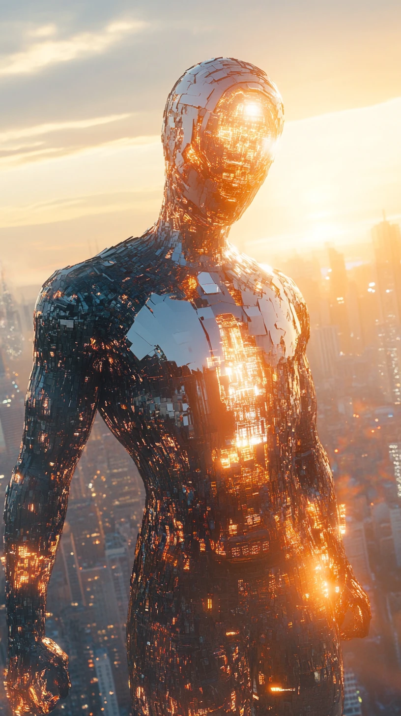 Super-herói futurista em traje metálico sobre cidade ao pôr do sol