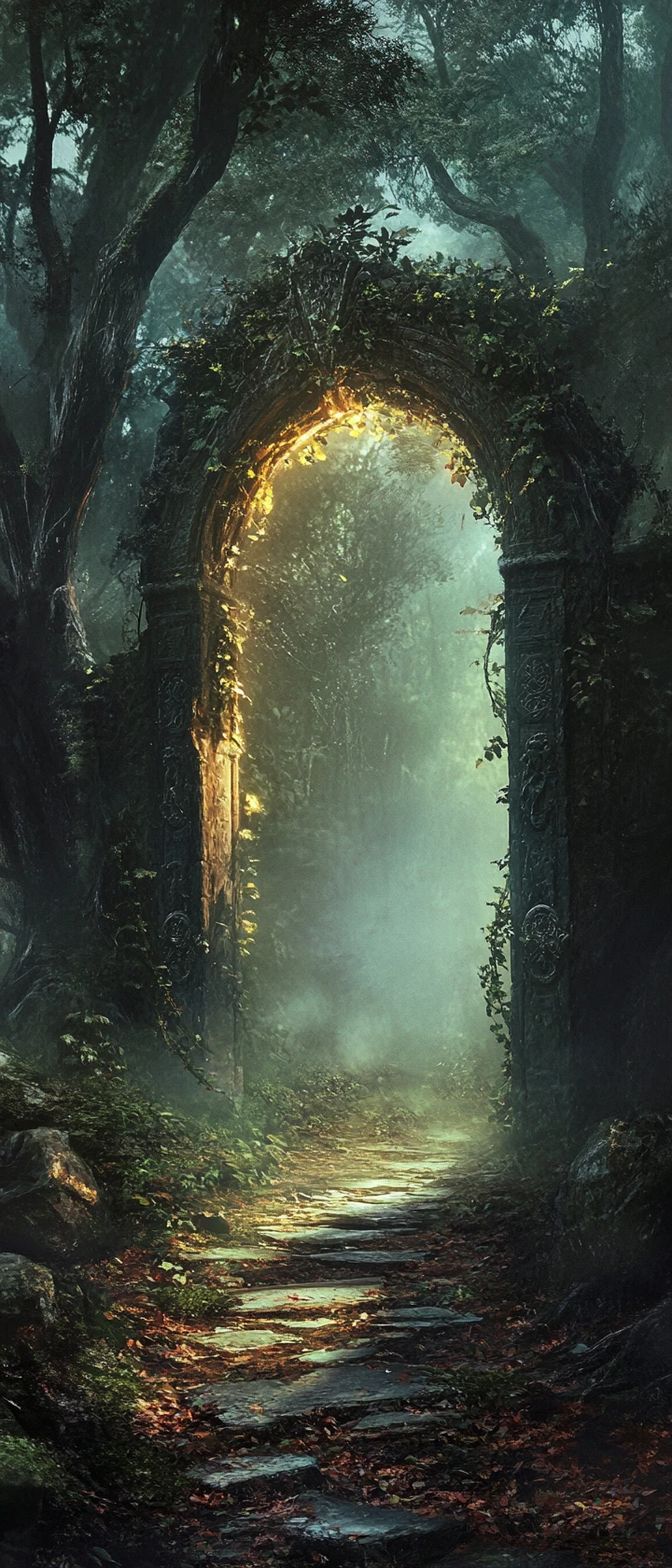 Ancient stone forest path leading to a glowing archway
