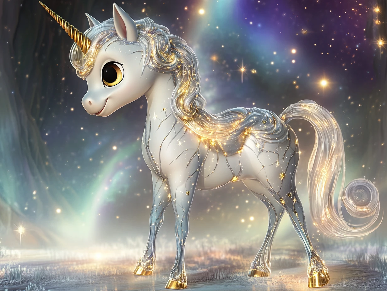 Unicorno cucciolo celestiale in un prato di nebulosa luminosa