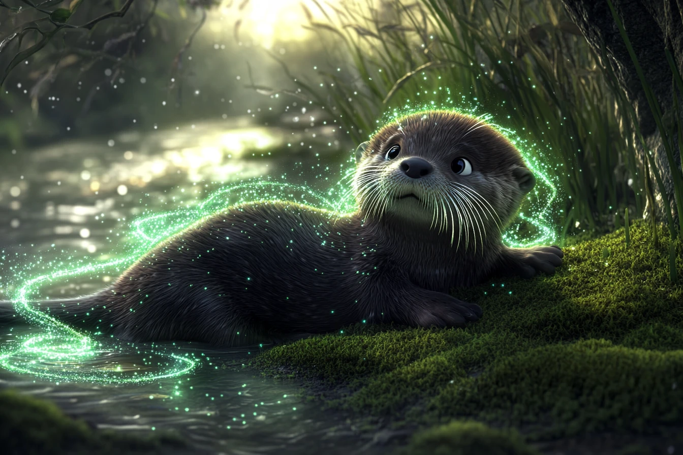 Magischer Baby-Flussotter, der an einem Flussufer in der Dämmerung leuchtet