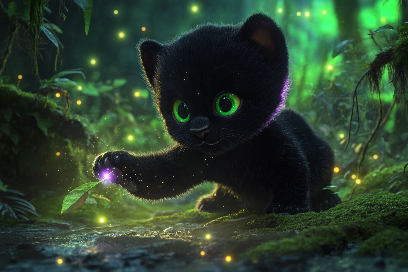 Mystical black panther cub glowing softly in rainforest twilight