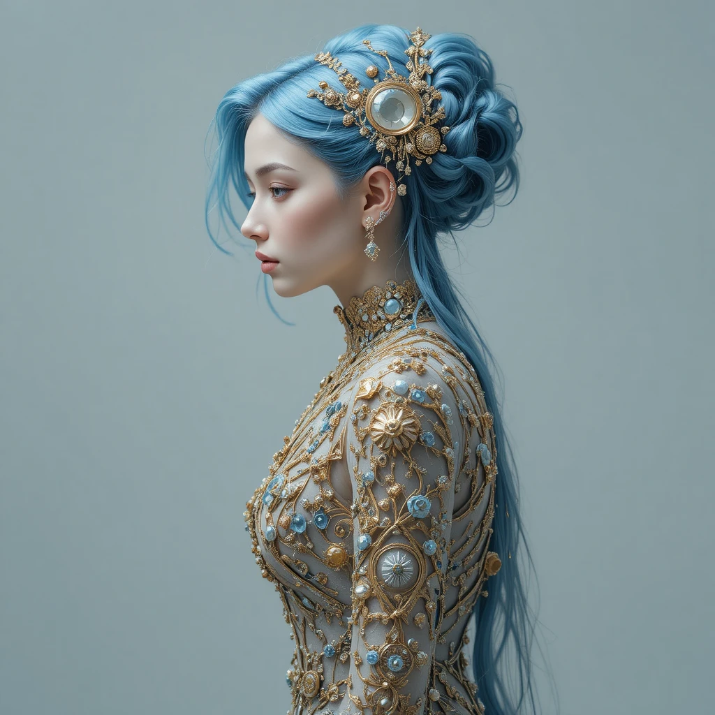 Elegant blue haired woman in ornate jeweled attire profile