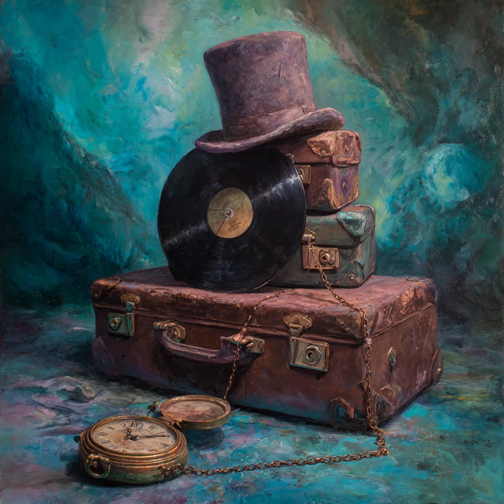 Nature morte surréaliste avec valise vintage et montre de poche