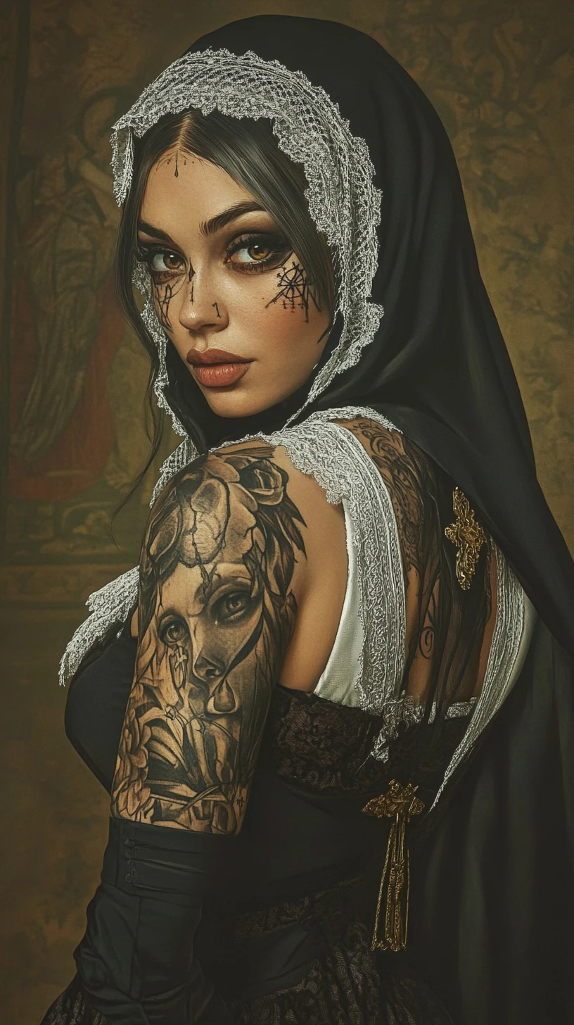 Donna tatuata in abito moderno da suora con sguardo ribelle