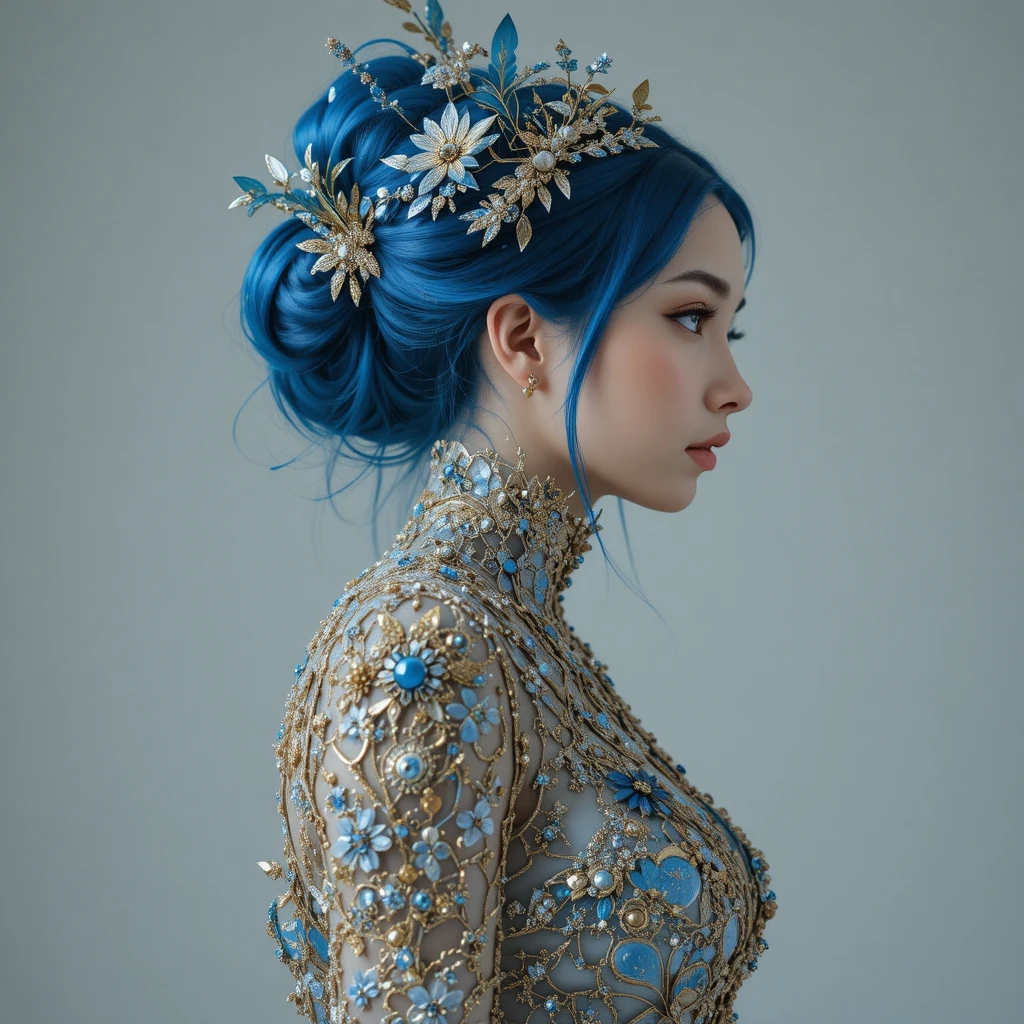Elegante donna dai capelli blu in profilo con sontuoso abito gioiello