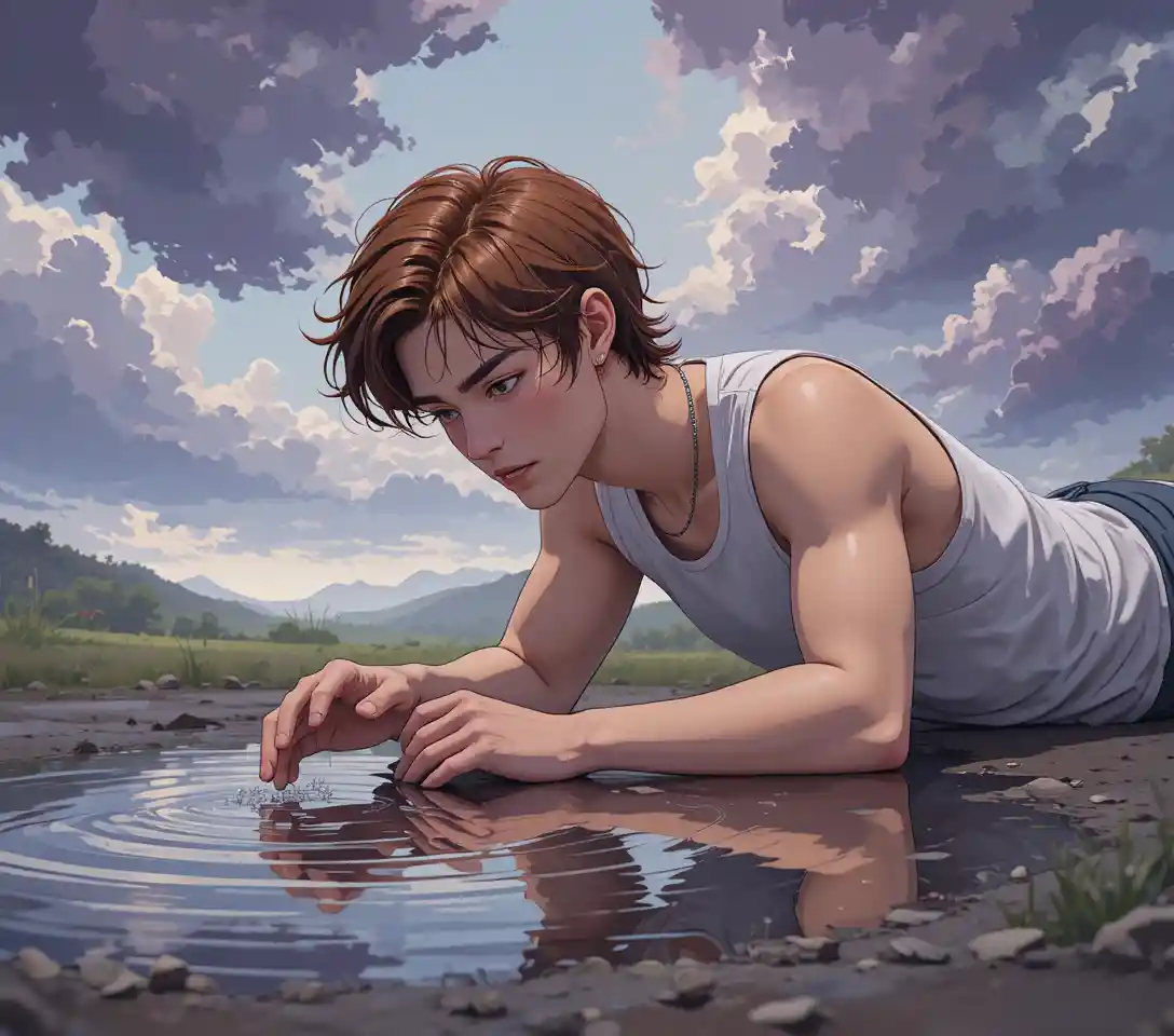 年輕男子凝視自己在寧靜水窪中的倒影