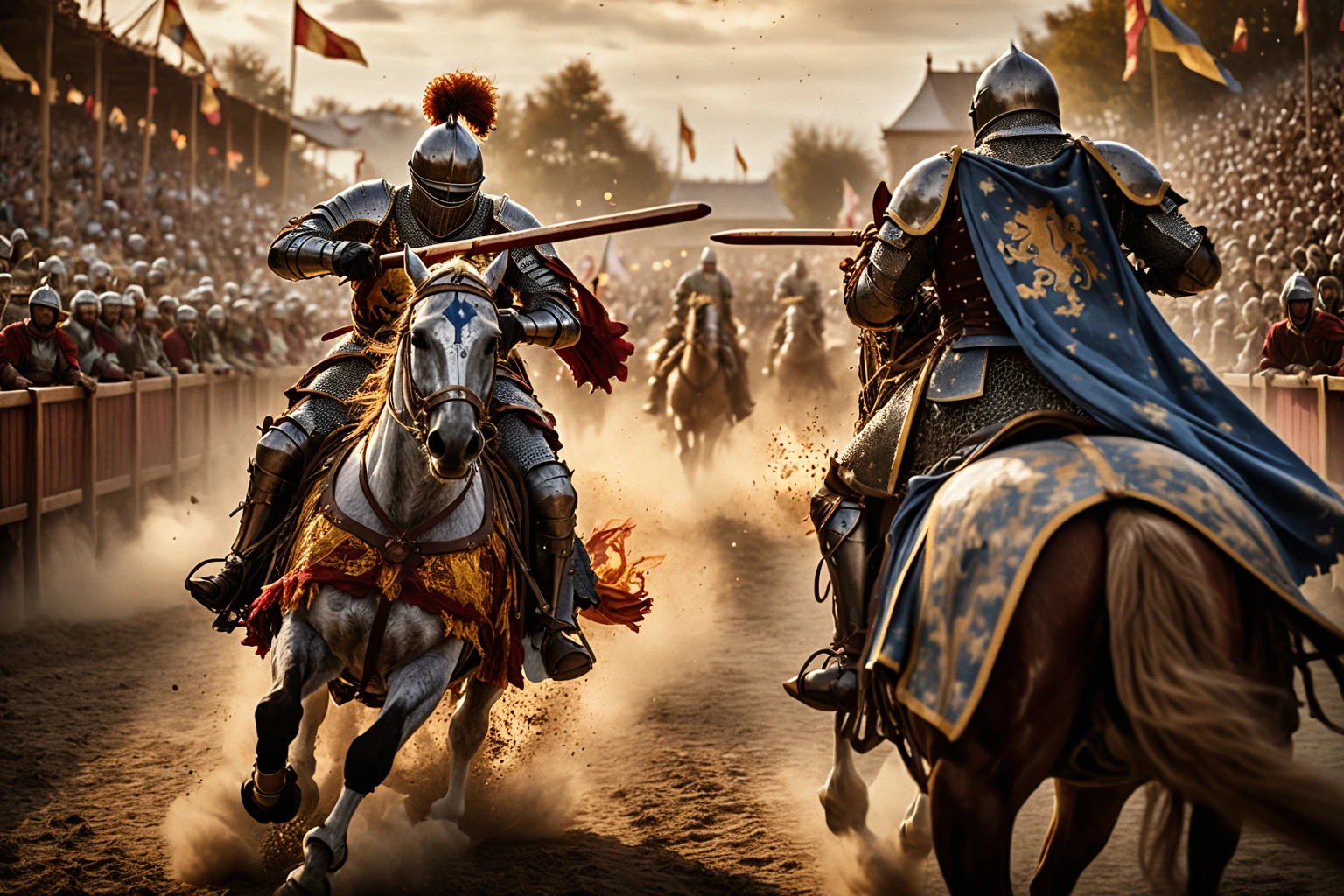 Two Armored Knights Jousting In A Cinematic Arena