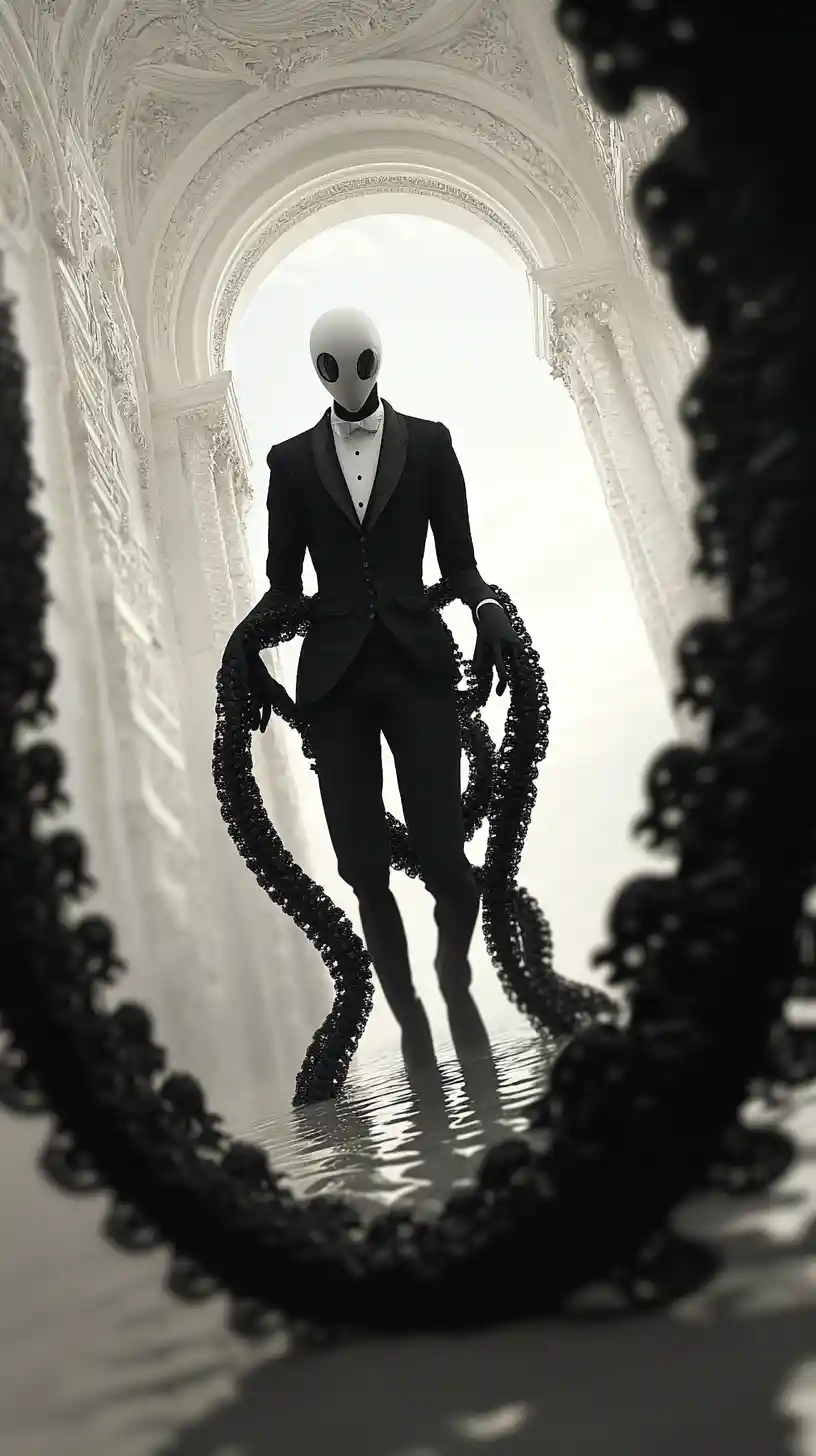 Surreal elongated figure emerging from a twisted mirror realm