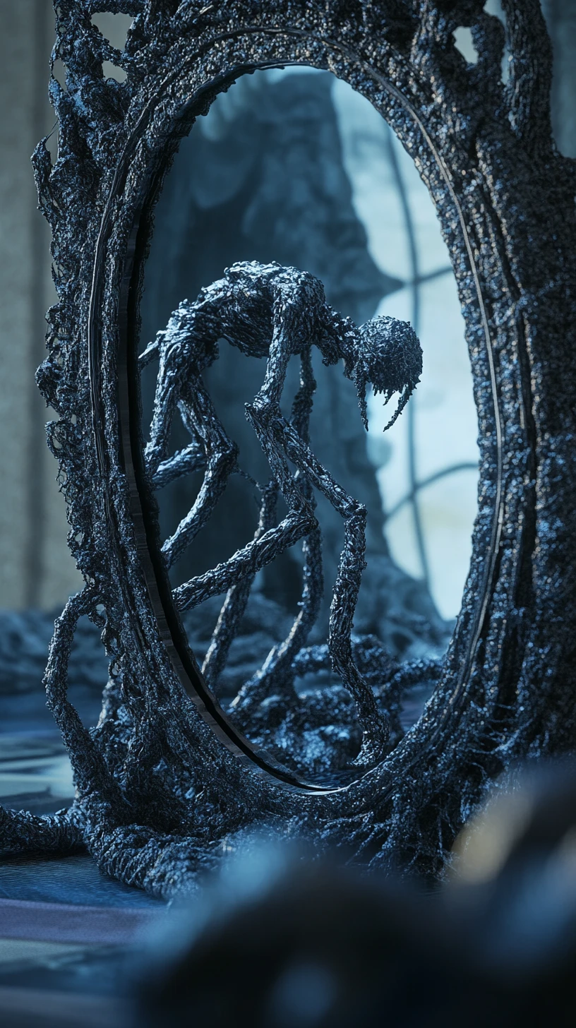 Surreal elongated figure bending through a mirrored realm