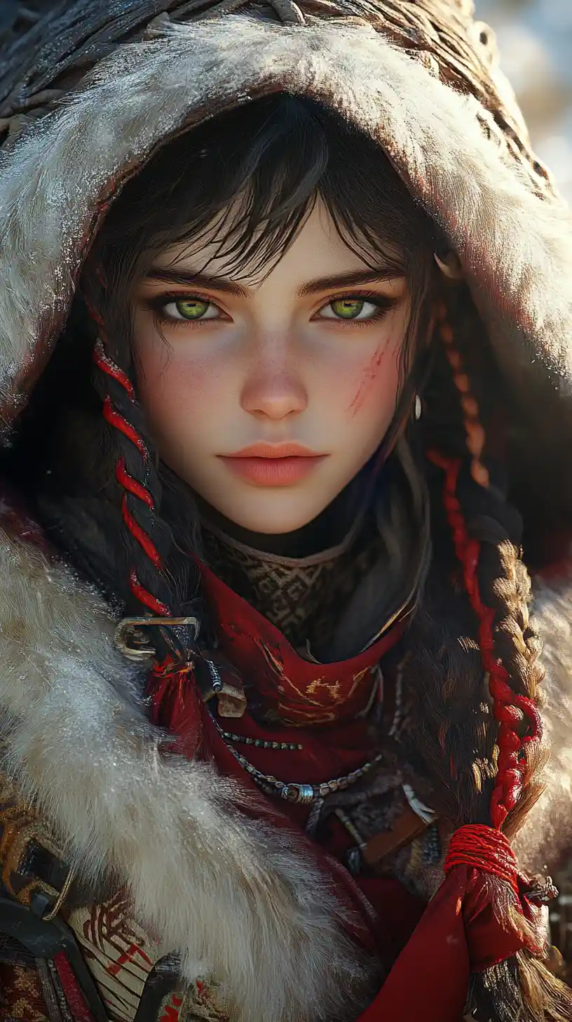 Fille anime hétérochrome dans une scène d’hiver avec capuche en fourrure