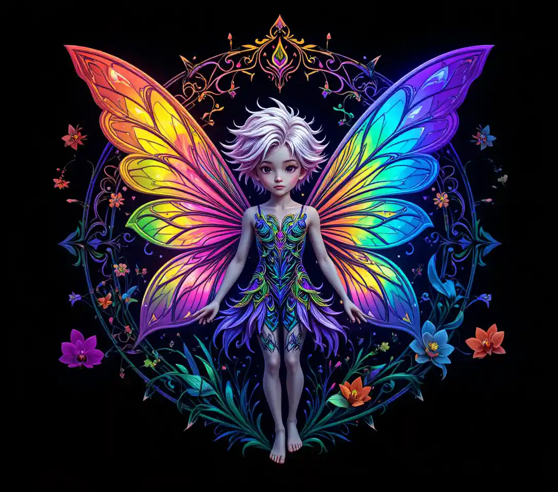 Neon male fairy with rainbow wings in floral mandala