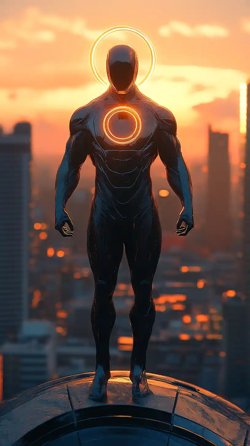 Super-herói futurista em traje metálico sobre a cidade ao pôr do sol