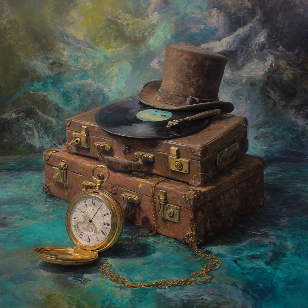 Surreal still life with vintage suitcase and pocket watch