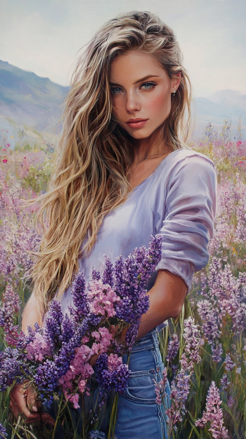 Mujer caminando por un campo de flores rosas y lavanda