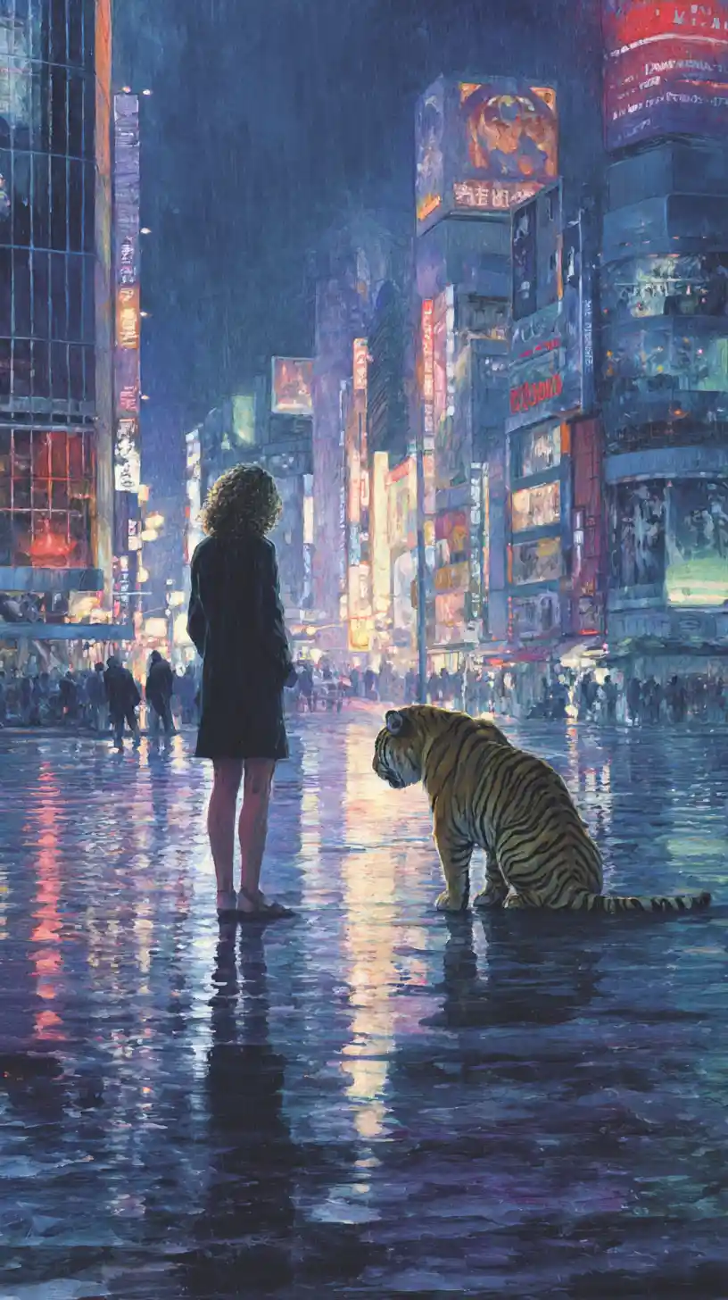 Mulher e tigre em rua neon chuvosa de Tóquio à noite