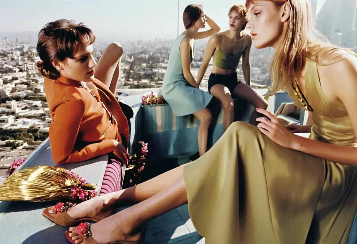 Dramatic models in couture on a sunny Los Angeles rooftop
