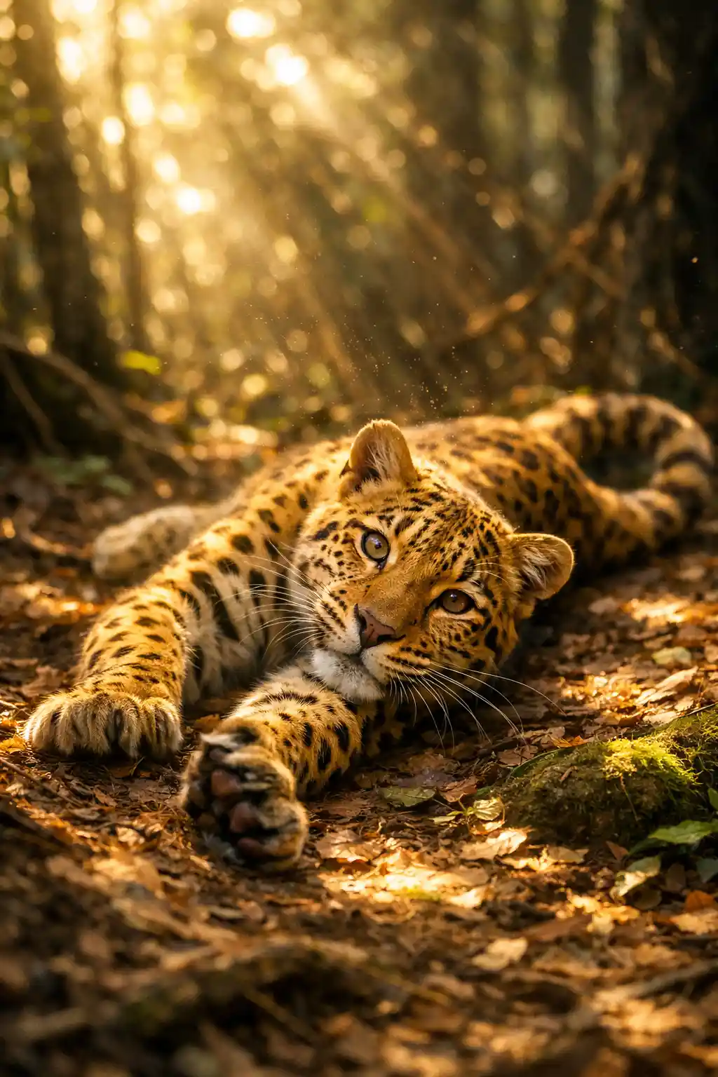 Playful leopard stretching on the forest floor in soft light