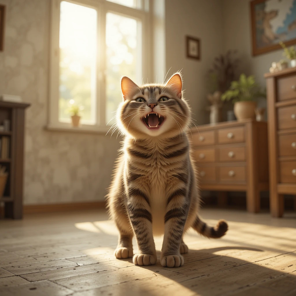Gato feliz brincando ao sol dentro de um quarto aconchegante