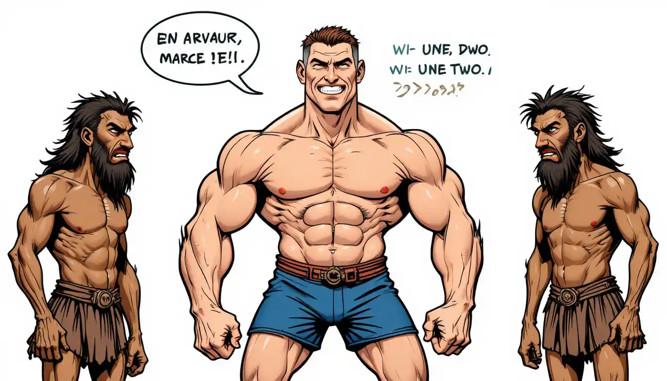 Homme musclé en colère criant des ordres à trois manchots