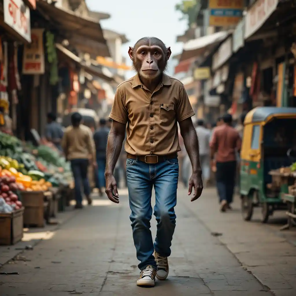 Macaco Andando Eretamente em um Mercado Indiano Movimentado