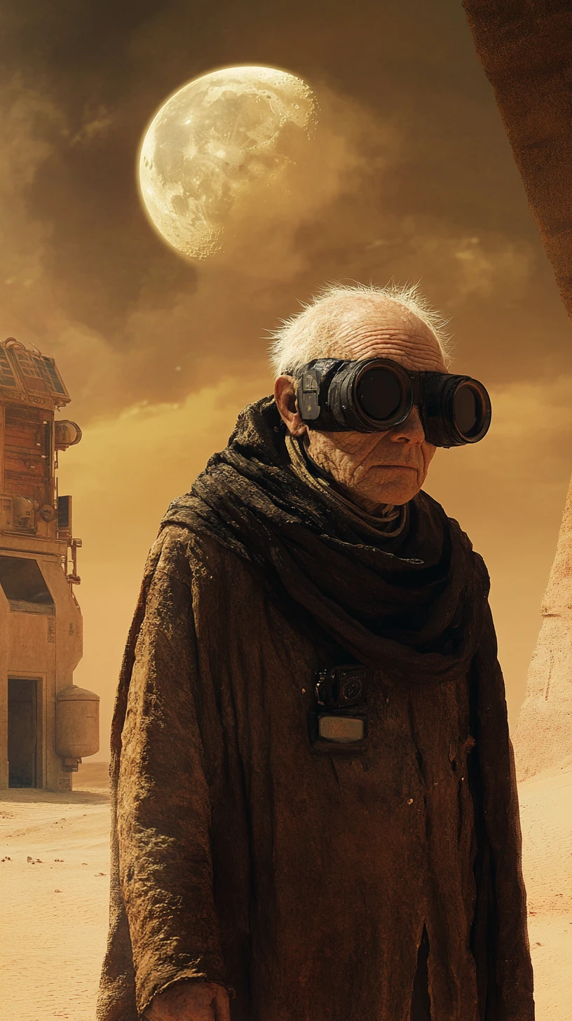 Velho careca no deserto usando óculos espaciais futuristas