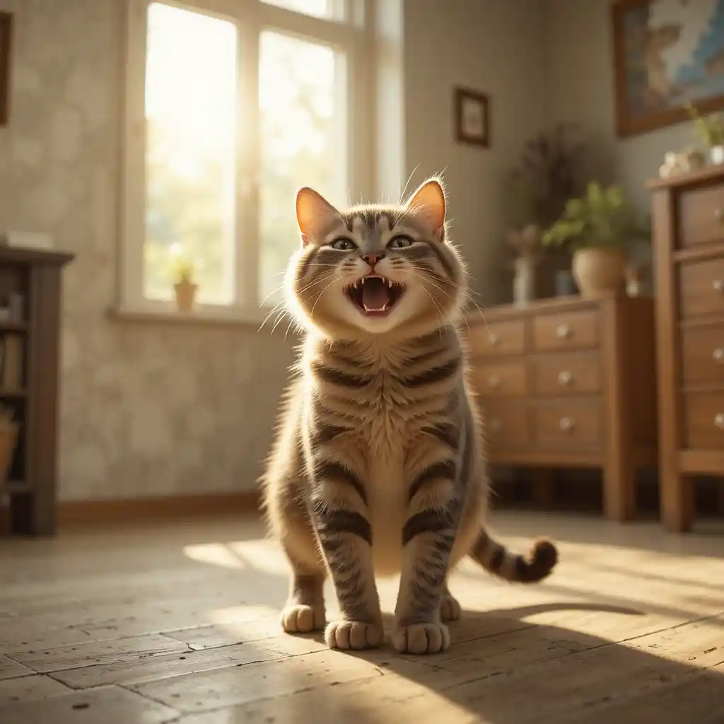 Glückliche Katze spielt im Sonnenlicht in einem gemütlichen Zimmer