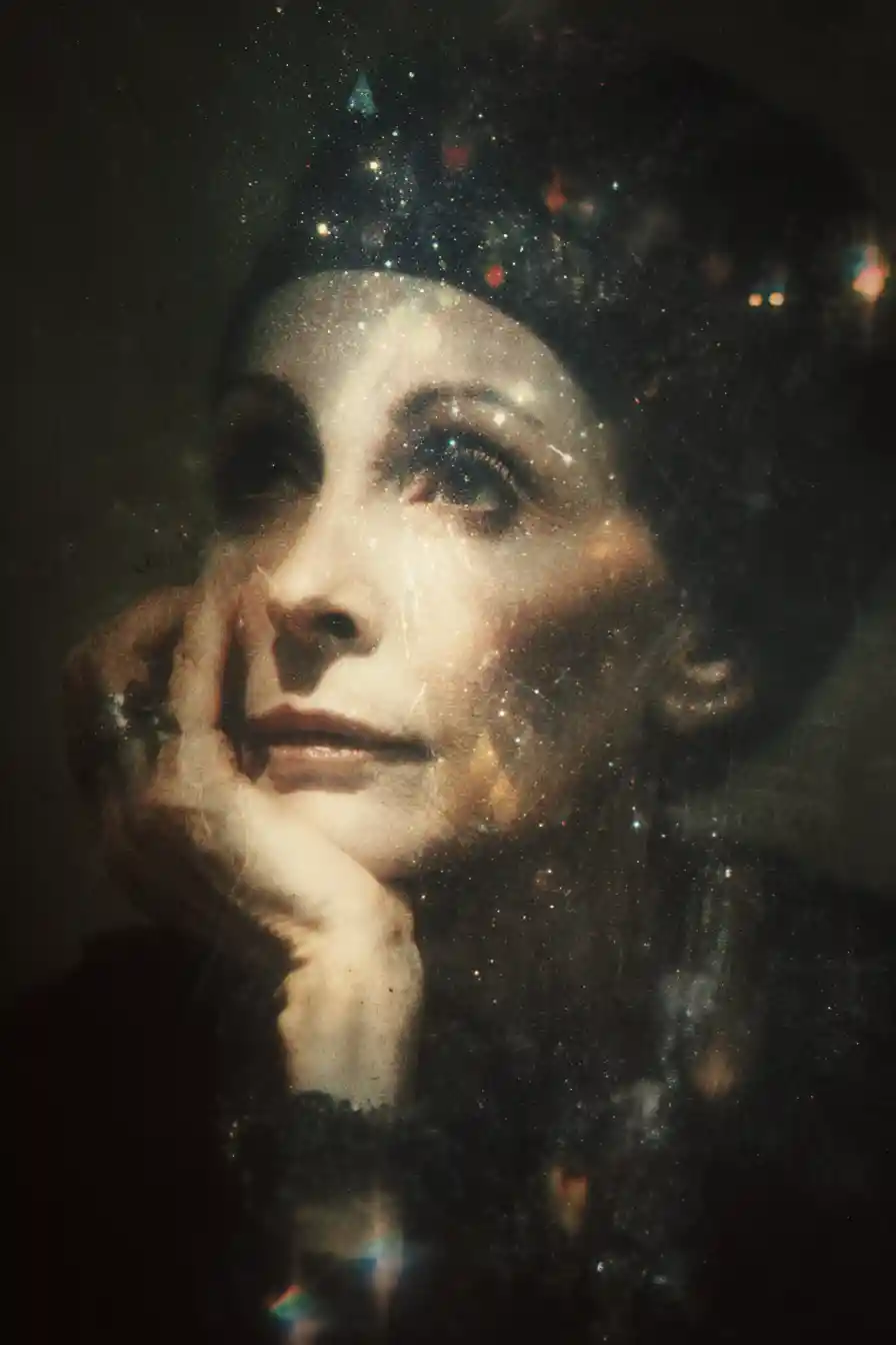 Surreal dark portrait of an aging bohemian woman