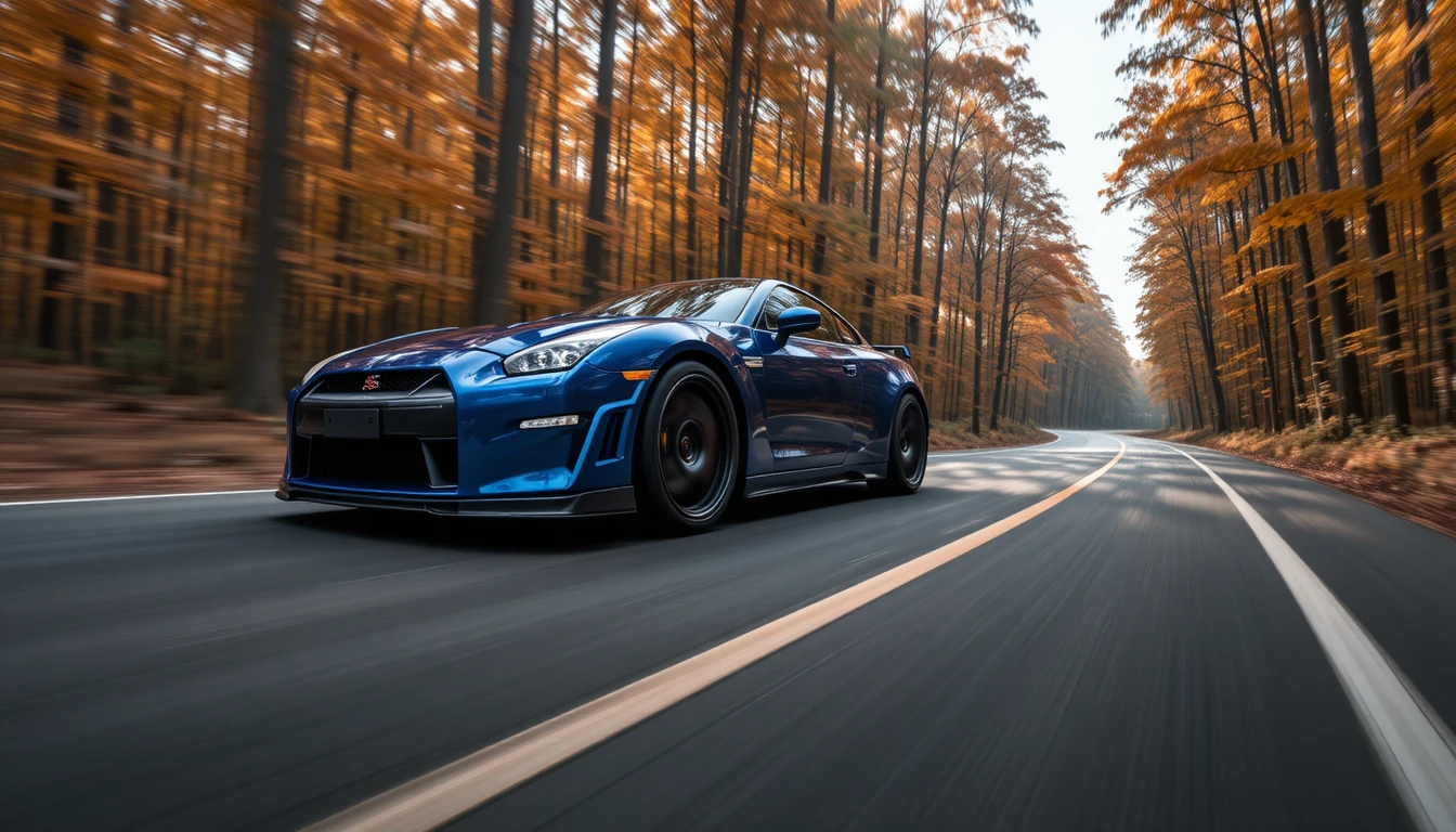 Blue sports car racing along a winding forest road