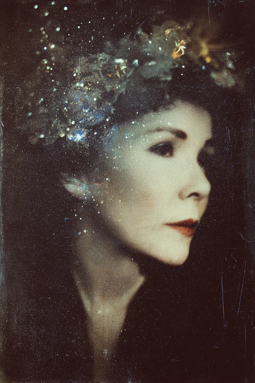 Retrato surreal e sombrio de uma mulher boêmia envelhecida