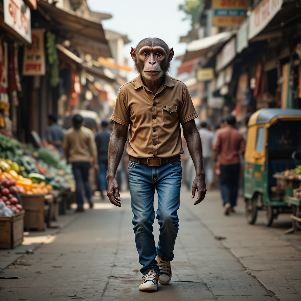 Macaco Andando Eretamente em um Mercado Indiano Movimentado