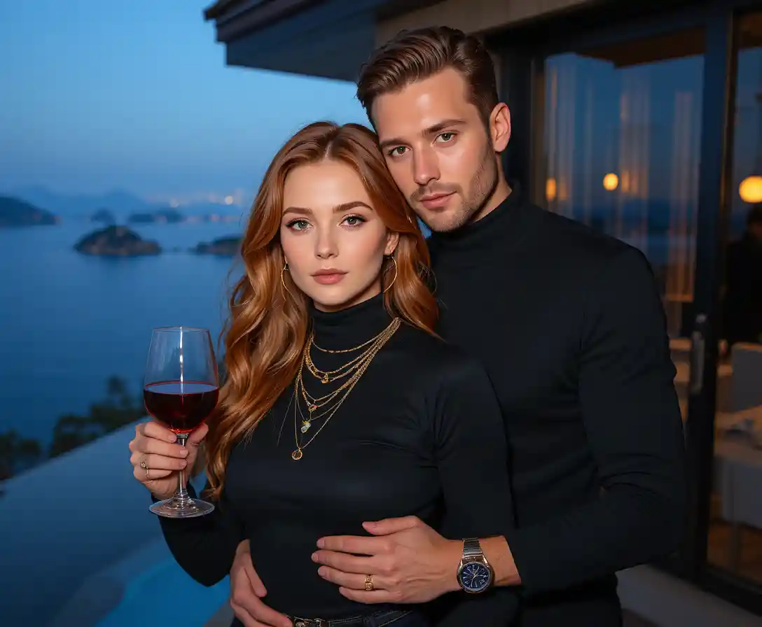 Elegant couple embracing by the sea at night