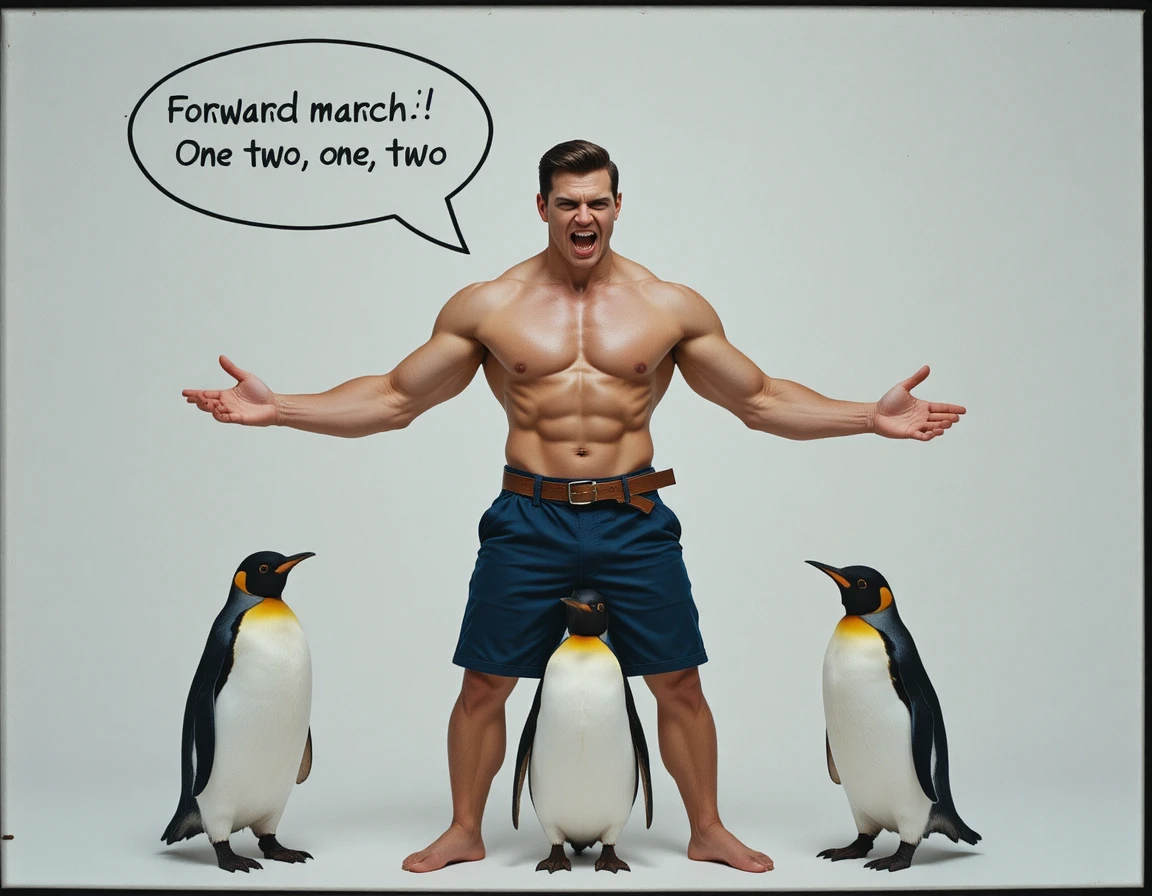Homem musculoso irritado comandando pinguins em estilo de quadrinhos